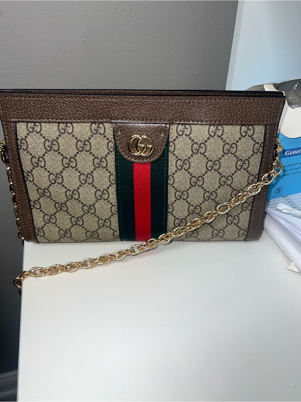 Gucci Beige GG Canvas Crossbody with Brown Trim and Red-Green Web